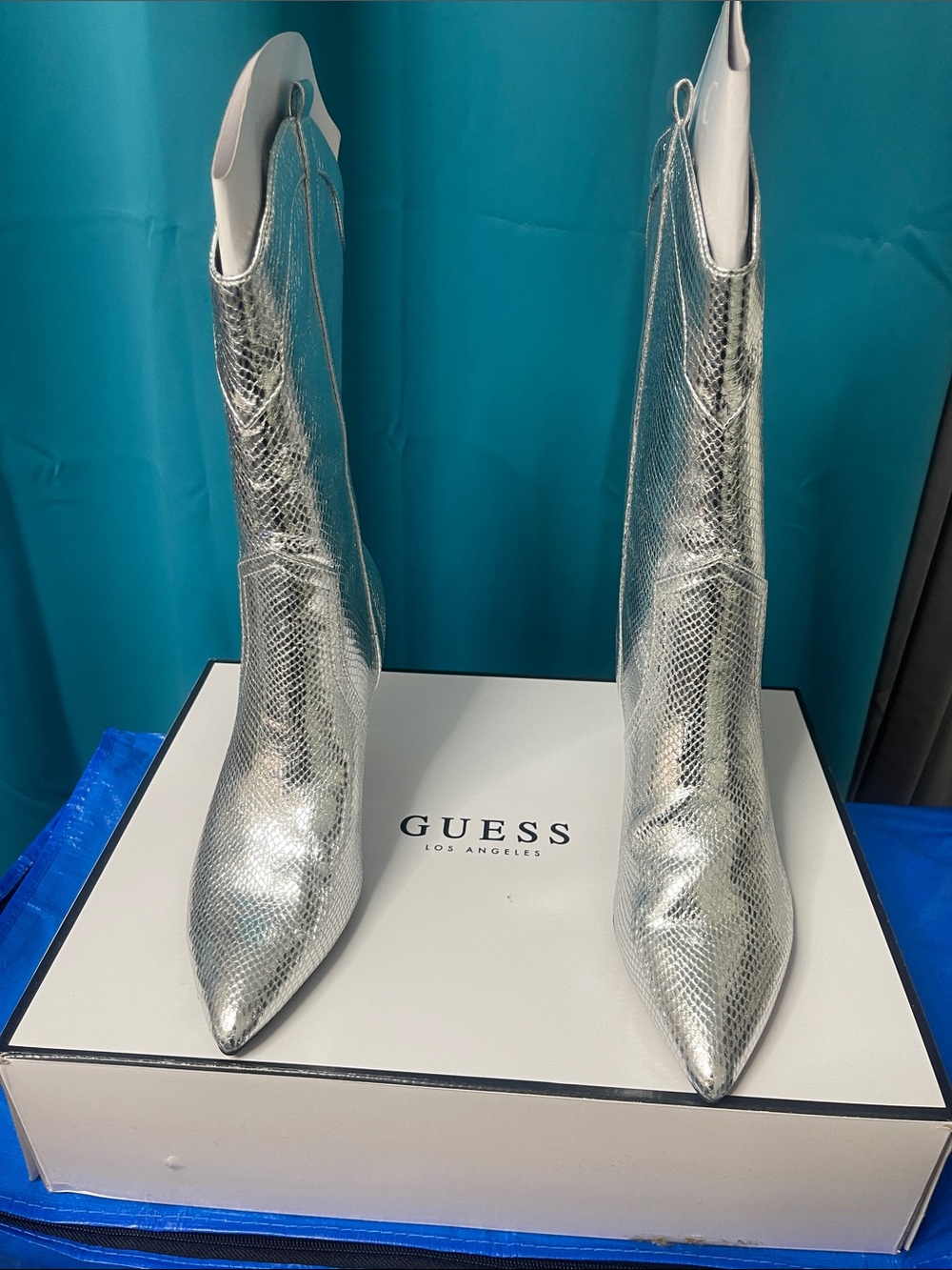 GUESS Metallic Silver Pointed Mid-Calf Heeled Boots